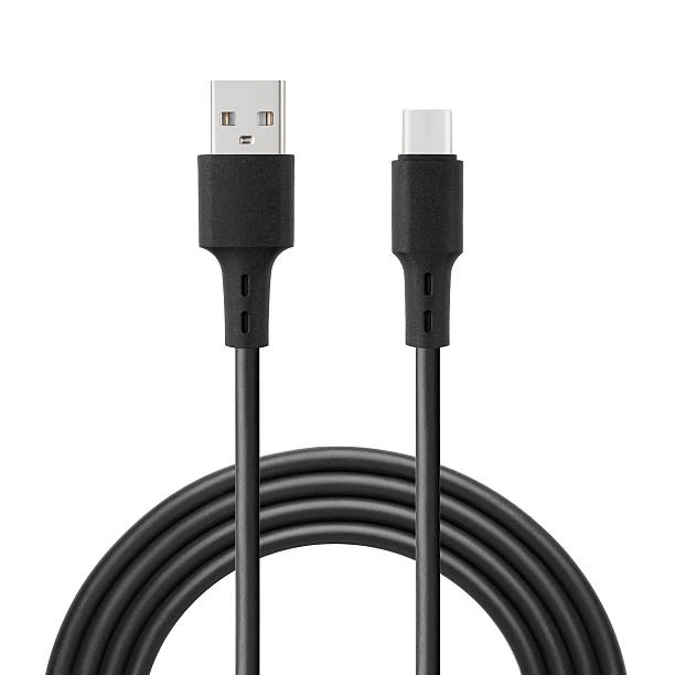 istock Black cable for charging and synchronization with Type - C and USB connectors on a white isolated background 2245856290