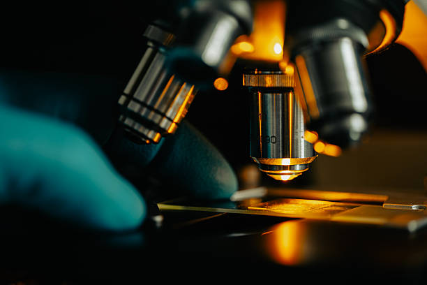 microscope de laboratoire avec échantillon illuminé - microscope photos et images de collection