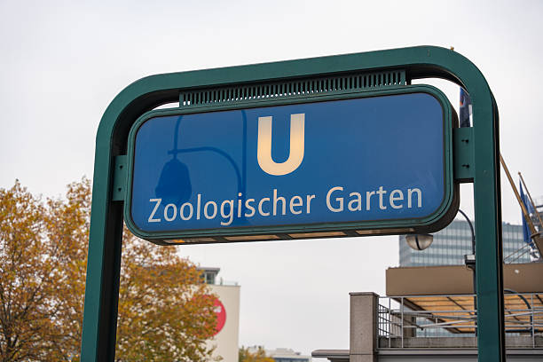 Classic blue U-Bahn sign marks station Zoologischer Garten. Foliage and city forms blur in the background.