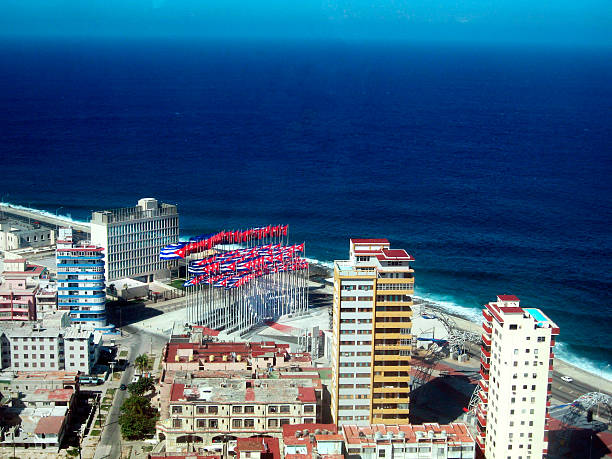 High angle view of  Havana cityscape and Atlantic ocean seascape, horizon in the background, seafront in Vedado, Havana, Cuba . Group of cuban flags in the wind