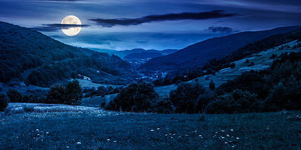 istock panoramic rural landscape with village in mountains at night 2245870403