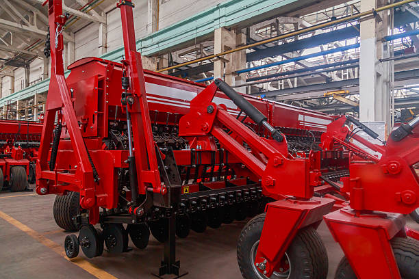 Close view of a modern direct seeding seeder. Products of the plant of various agricultural machinery and spare parts for it.