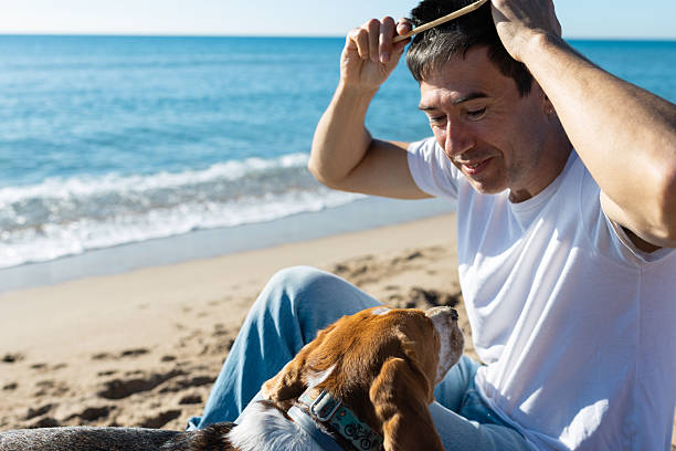 Man grooming hair with a sustainable wooden comb on a sunny beach, smiling as his beagle companion watches, relaxed summer self-care and eco-conscious leisure by the sea