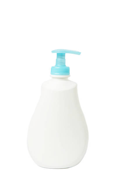 White plastic bottle of liquid soap isolated on white background. Top view