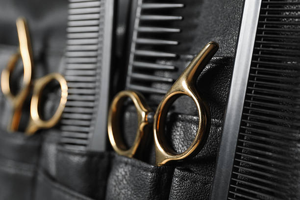 Hairdresser tools. Professional scissors and combs in leather organizer, closeup