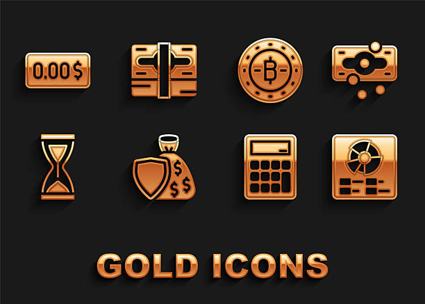 istock Set Shield and money bag, Stacks paper cash, Pie chart infographic, Calculator, Old hourglass, Bitcoin, Zero cost and icon. Vector 2245888777