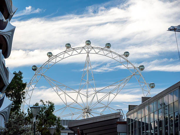 A close-up perspective of a Ferris wheel.