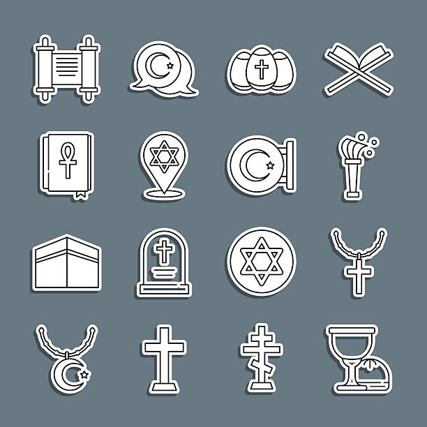 istock Set line Holy grail or chalice, Christian cross on chain, Aspergillum, Easter egg, Star of David, Cross ankh book, Decree, paper, parchment, scroll and and crescent icon. Vector 2245905493