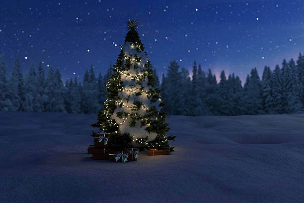 istock festive Christmas tree, lightly dusted with snow and wrapped in warm lights, stands in a serene, dark winter forest under a starry night sky with wrapped presents beneath its branches. Winter holidays 2245908075