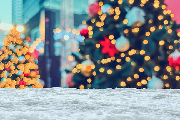 istock Empty white snow with blur Christmas tree with bokeh light background 2245908428