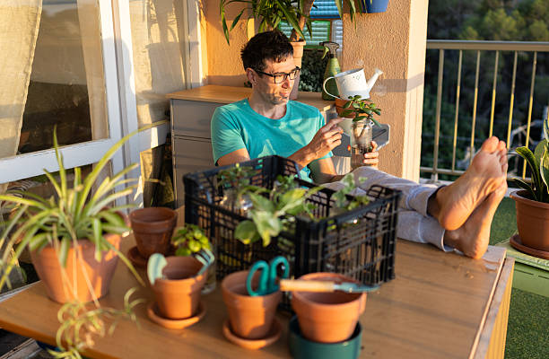 istock Man relaxing on balcony with plants enjoying gardening hobby 2245910522