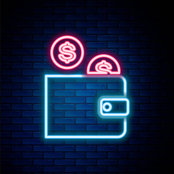 istock Glowing neon line Wallet with coin icon isolated on brick wall background. Money Wallet. Coin dollar symbol. Colorful outline concept. Vector 2245926044