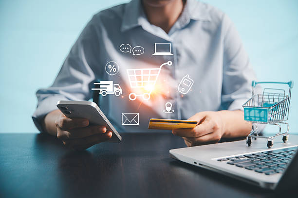 istock Concept of procurement technology shopper using computer or laptop for online shopping, e-commerce convenience with credit card payments, digital trolleys, fast delivery powered by modern technology. 2245931657