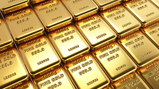 istock Large amounts of stack of gold ingots arranged in a row. 3D illustration 2245933178