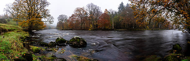Panoramic view along the River Ure on a misty autumn morning with mossy rocks in the foreground, flowing water, and colourful trees lining both banks in shades of yellow, red, and orange