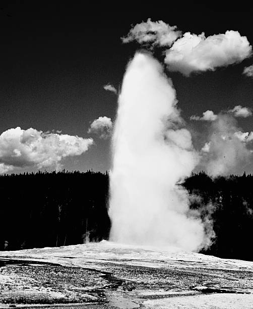 Old Faithful thermal features in black and white