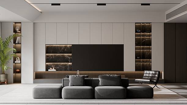 istock Modern Minimalist Luxury Living TV Room Interior - 3d Render 2245939315