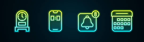 istock Set line Antique clock, Alarm app mobile, and Calendar. Glowing neon icon. Vector 2245941074