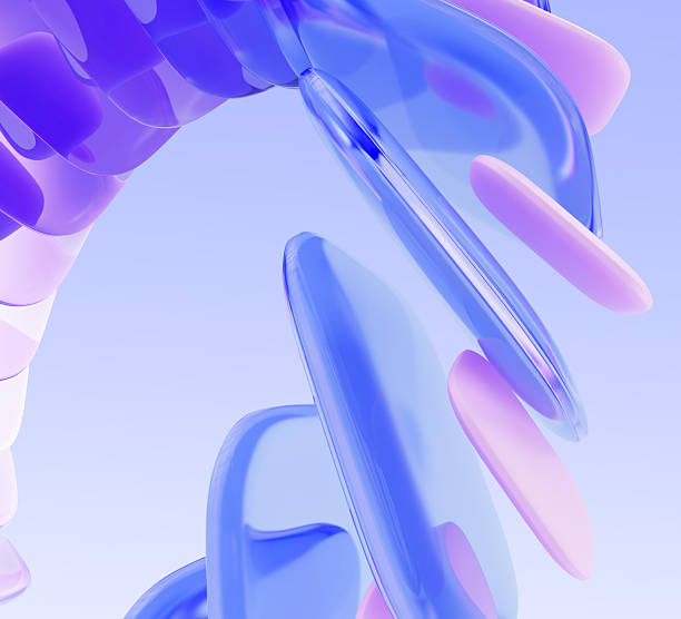 istock Abstract geometric 3d background with dynamic wave curve ribbon of glass and plastic square plate shapes in purple pink blue gradient colors, layer effect. Futuristic technology 2245948458