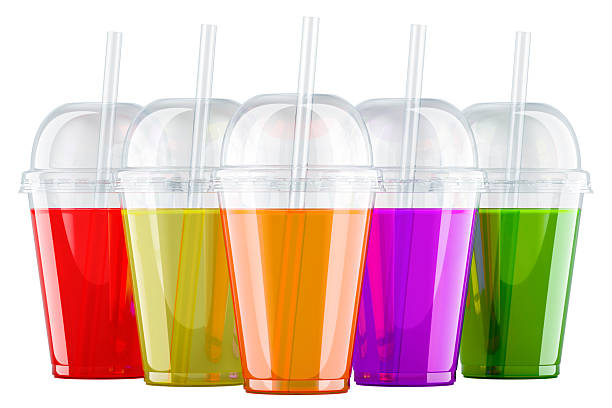 istock Set of colored drinks. Plastic transparent disposable cups with colored beverage, 3D rendering 2245951721