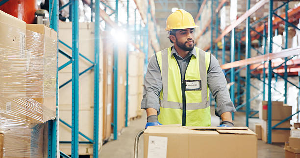 istock Logistics, man and walking with cart in warehouse for supply chain, backlog control and shipping. Distribution picker, flare and transport boxes for inventory export, storage management and delivery 2245954289