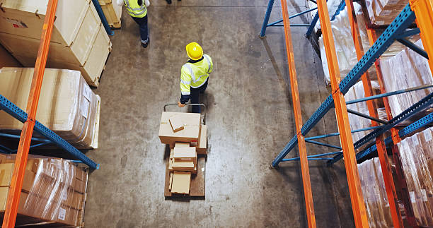 istock Logistics, man or walking with trolley in warehouse to transport boxes, supply chain or shipping. Above, distribution picker and moving packages for inventory export, storage management and delivery 2245954342
