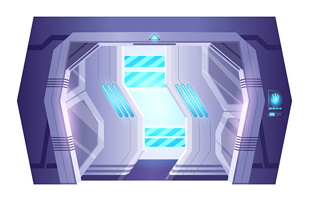 istock Spaceship sliding door or laboratory gate. Open gate with illuminated entrance frame. Bunker or spacecraft exit concept for games and mobile applications spaceship 2245954498
