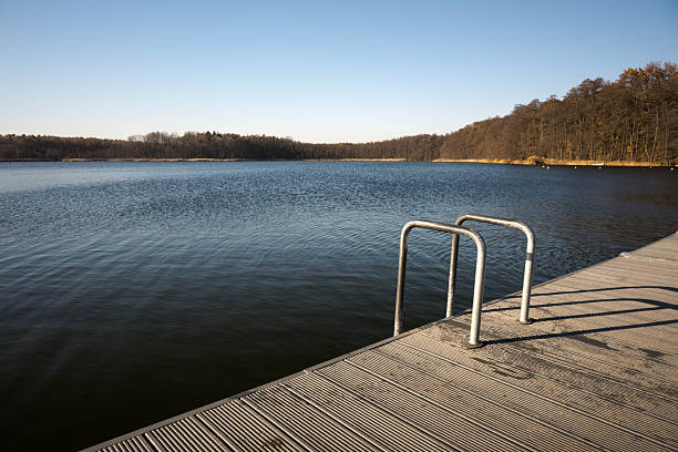 A wooden dock stretches into a calm lake under a soft evening sky, surrounded by forest and mirrored reflections.