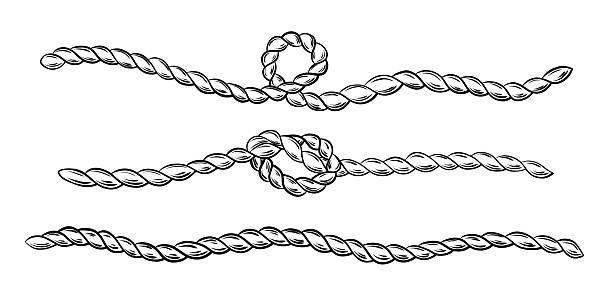 Set of three hand drawn vector illustrations of nautical rope elements including a knot and looped cord with engraving style texture. Black and white line art perfect for marine themed borders, frames, and rustic decoration projects.