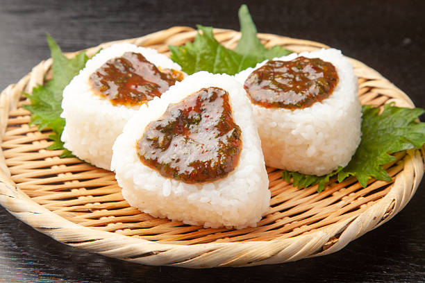 Rice balls with sweet miso and shiso leaves