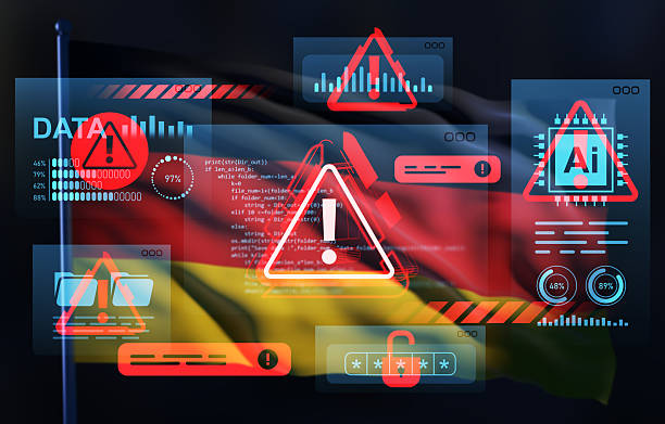 istock Cybersecurity threat alert concept with digital warnings and data breach icons over German flag using double exposure style. 3D Rendering 2245959123