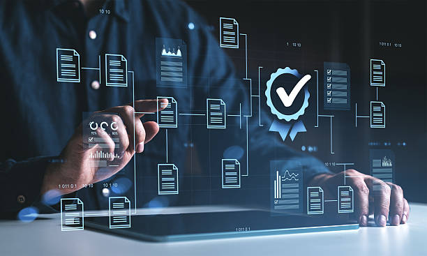 istock Digital document verification and compliance quality control concept with holographic interface and data analytics icons on futuristic touchscreen interface. 2245959318