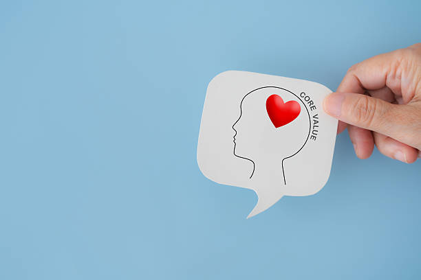 istock For core values, corporate values concept, hand hold real white speech bubble paper cut with head and core value symbol and text  on blue background 2245959670