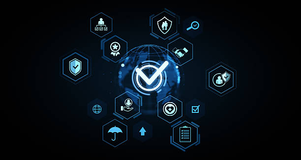 istock Holographic checkmark with digital security and compliance icons over futuristic glowing globe on dark background, illustrating verification concept. 3D Rendering 2245960587
