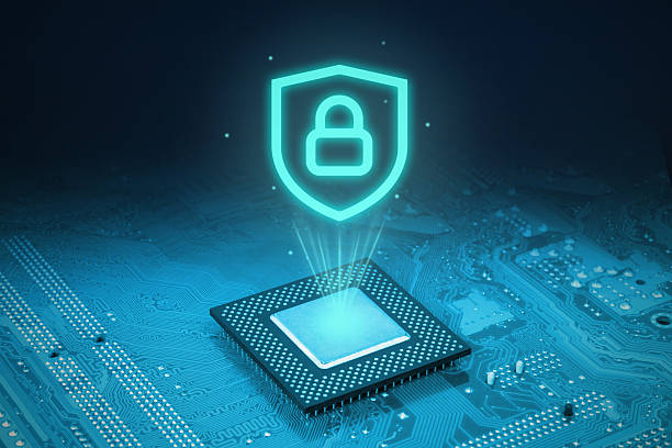 istock Futuristic processor chip with glowing security lock hologram above motherboard, representing cyber protection, digital safety, encryption and modern data technology concept 2245962602