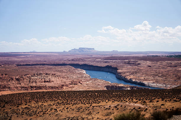 the Colorado river blue water seen from the panoramic view point of page, mountain in the background and desert all round