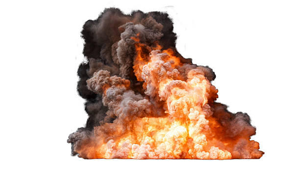 istock Isolated large intense explosion with flames and smoke billowing upward on white 2245976511