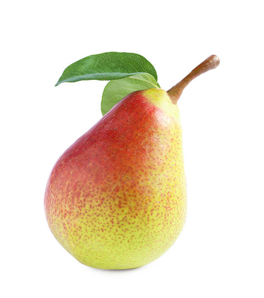 istock Fresh ripe pear with green leaves isolated on white 2245977268
