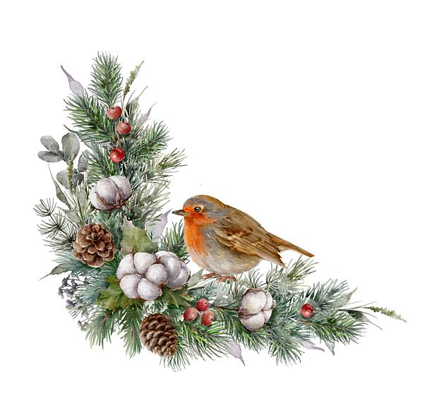 istock Watercolor corner Christmas element with fir branches, bird, cotton plant, berries and cones. Spruce corner garland. 2245979303