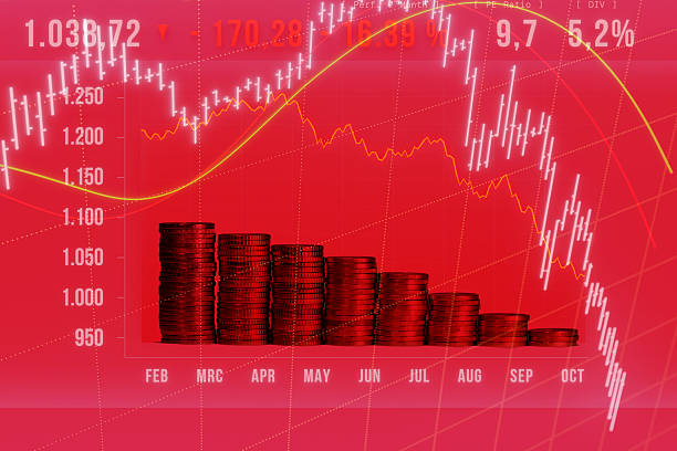 istock Stock market crash, falling chart, decreasing stacked euro coins, red collored. 2245984321