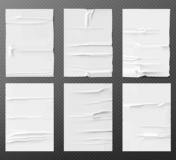 istock white paper wrinkled poster template , blank glued creased paper sheet mockup.white poster mockup on wall. empty paper mockup. clipping path 2245989700