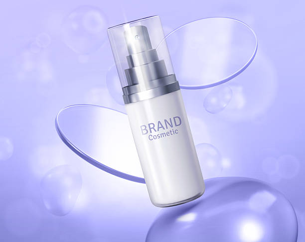 istock Cosmetic product ads template on purple background with glass plate.Beautiful cosmetic templates for ads, realistic 3d silver bottle on a light blue background. Beauty design for premium product 2245990016