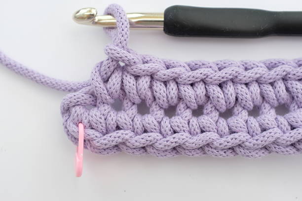 istock Lavender Crochet Rows with Hook and Stitch Marker – Close-Up Craft Image 2245990638