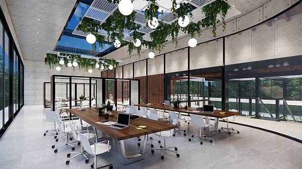 istock Modern Open Plan Office Space With Tables, Office Chairs, Creeper Plants And Manager Room. 2245990756