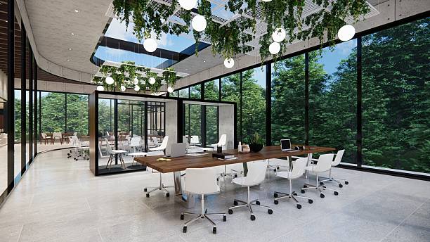 istock Modern Open Plan Office Space With Tables, Office Chairs, Creeper Plants And Manager Room. 2245990758