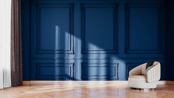 istock 3D interior render with blank blue wall. Ideal for showcasing artwork, prints, posters, or interior design and decor concepts. 2245992498