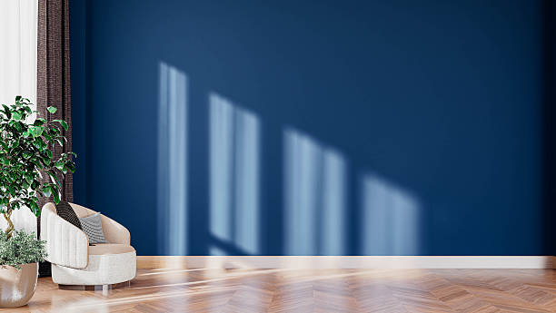 istock 3D interior render with blank blue wall. Ideal for showcasing artwork, prints, posters, or interior design and decor concepts. 2245992560