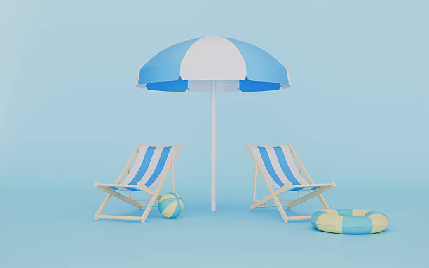 istock Beach umbrella with chairs and beach accessories, Summer vacation concept 2245995749