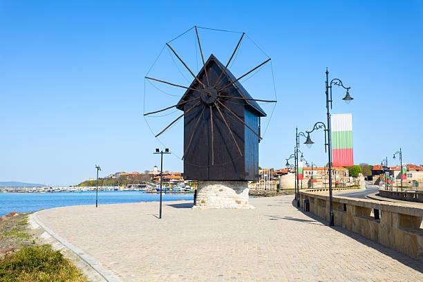 Windmill in Nessebar. Nesebar is an ancient city and seaside resort near Burgas city on the Black Sea coast of Bulgaria.