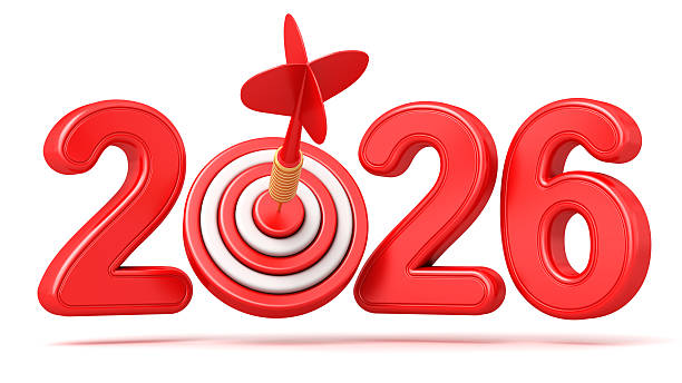 istock 2026 with successful red dart and target isolated on the white background. Business objectives achieved. 2245997161